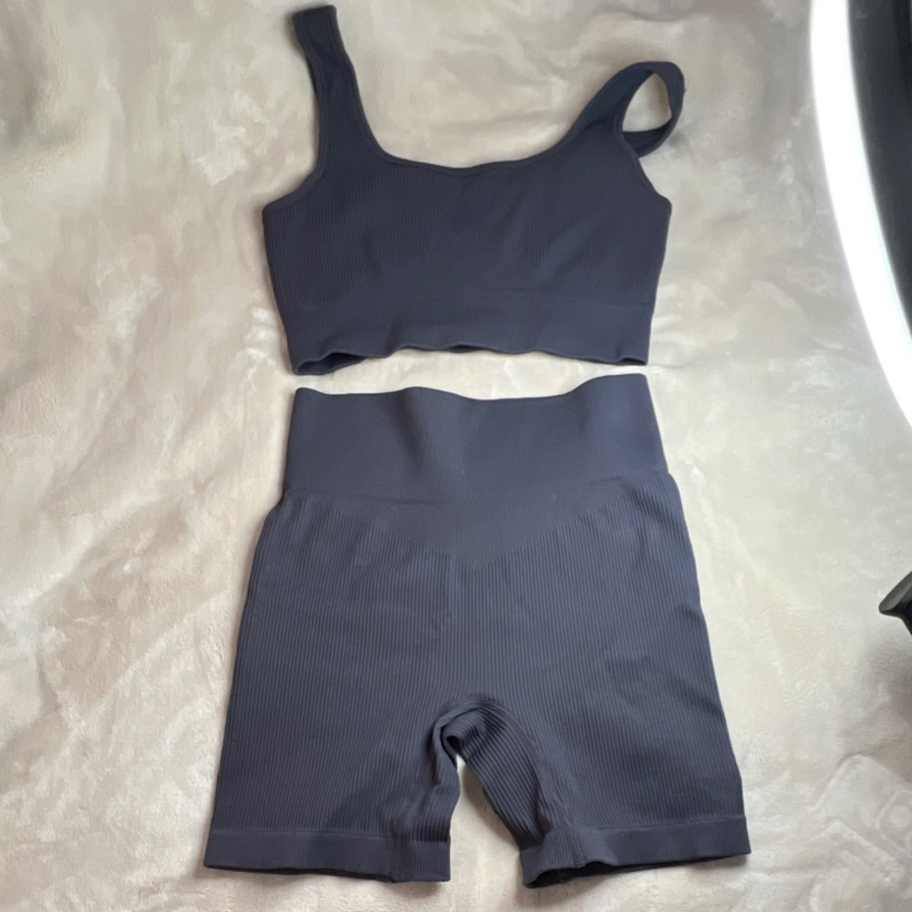 Dark Blue Seamless Bra and Shorts Set, Athletic Fit, Stretch, Women's Activewear